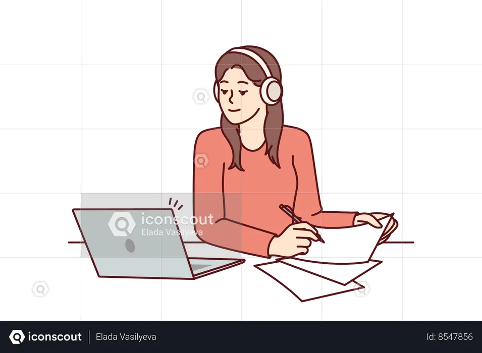 Woman with laptop sits at table and watches training webinar for gaining new skills  Illustration