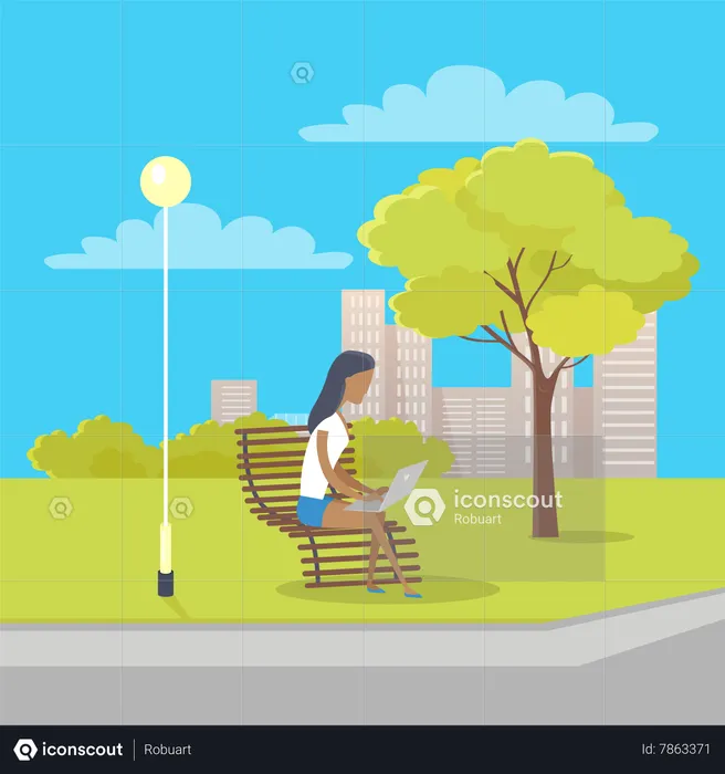Woman with Laptop Sits on Bench in City Park  Illustration