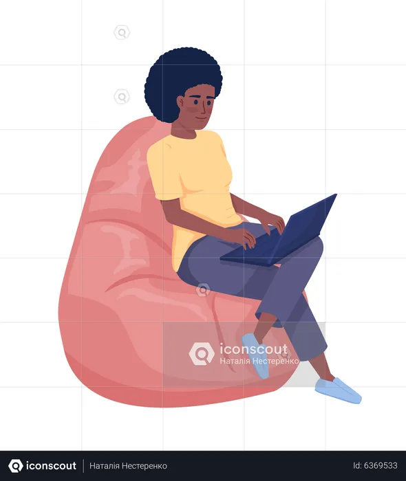 Woman with laptop sitting on bean bag  Illustration