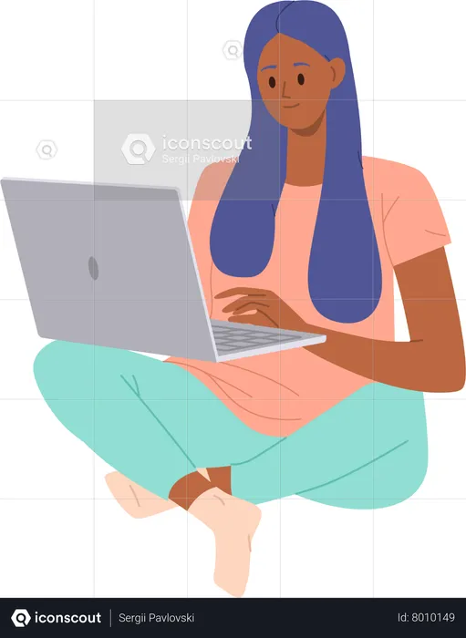 Woman with laptop working remotely at home  Illustration