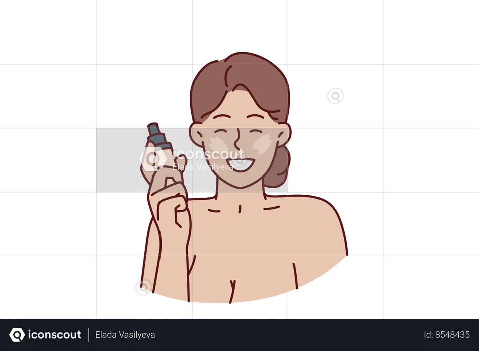Woman with liquid foundation smiles as she puts on makeup to hide skin imperfections  Illustration