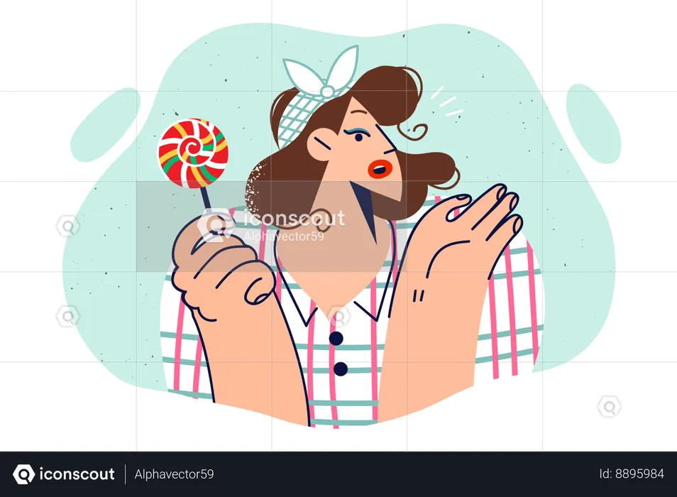 Woman with lollipop dressed in vintage style spreads arms in surprise and looks to side  Illustration