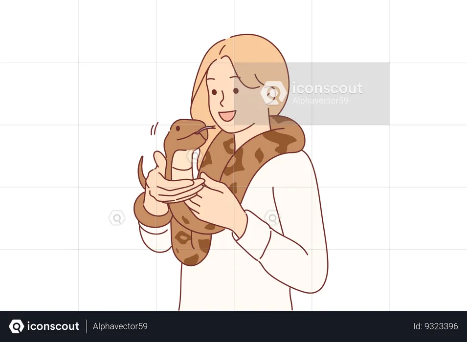 Woman with long snake around neck poses for photo with dangerous reptile predator  Illustration