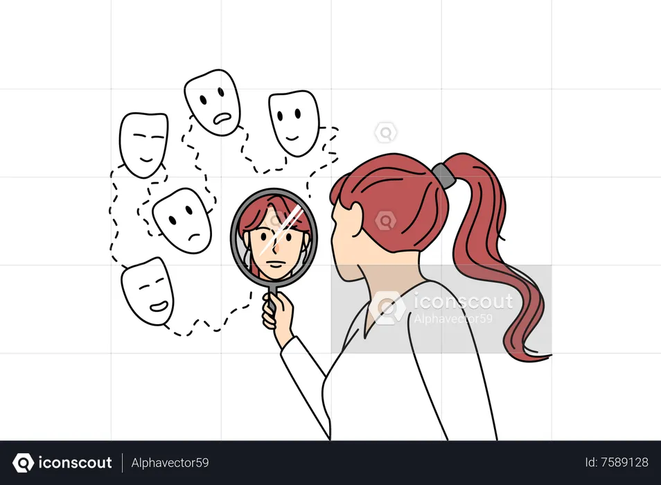 Woman with lots of fake faces  Illustration