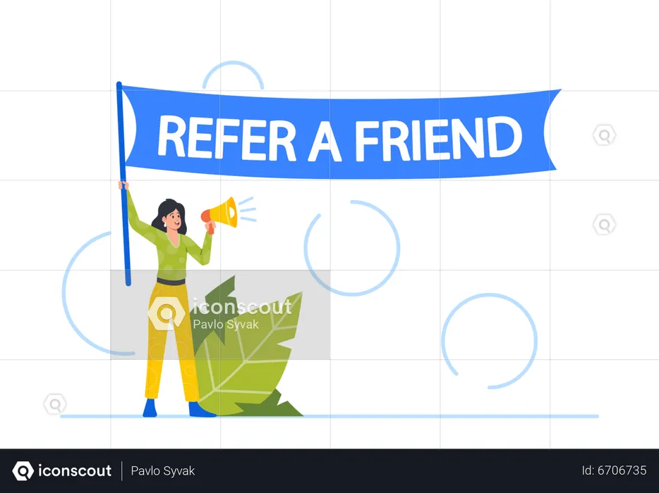 Woman With Loudspeaker Holding Large Banner With Refer A Friend Inscription  Illustration
