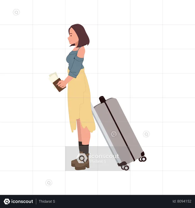 Woman with Luggage and Passport, and Boarding Past  Illustration