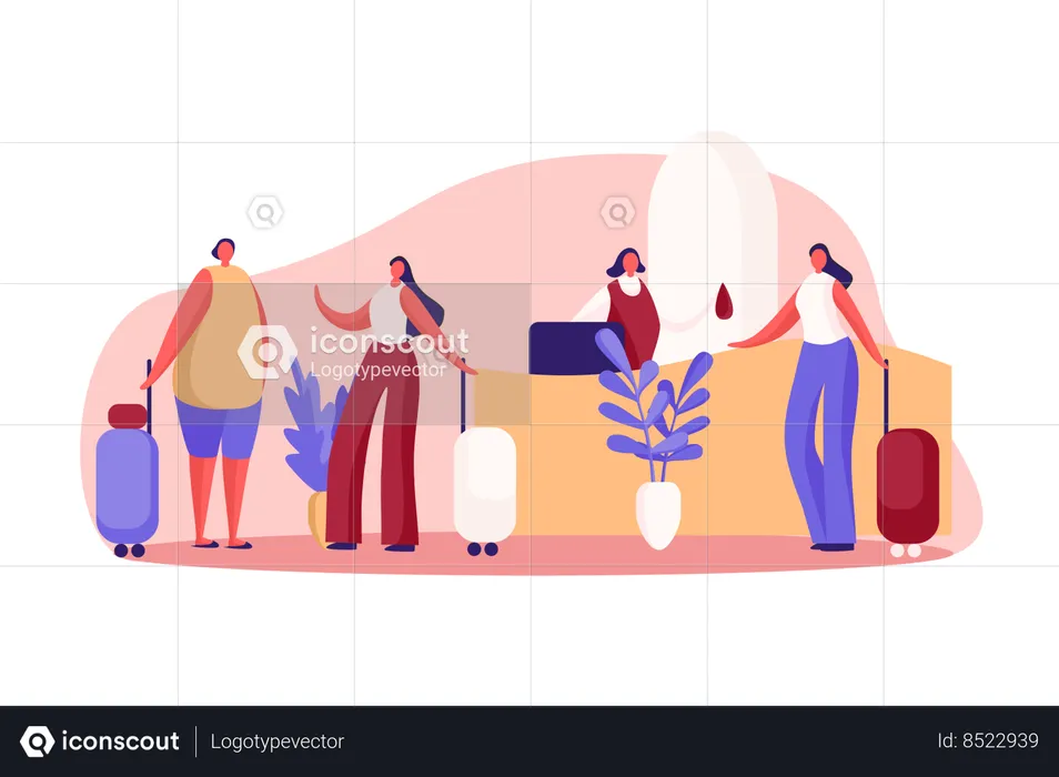 Woman with luggage at reception  Illustration