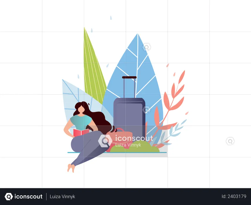 Woman with Luggage Bags Reading Book and Waiting for Departure  Illustration
