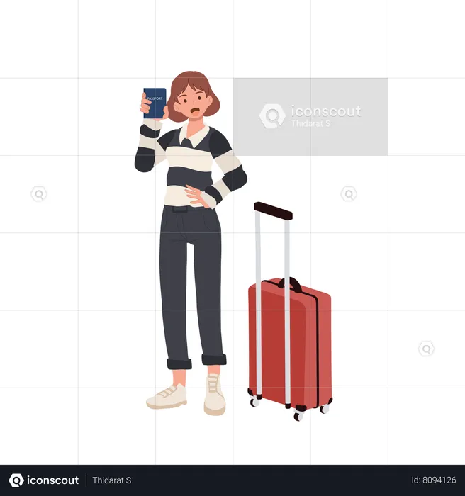 Woman with luggage on airport showing her passport  Illustration