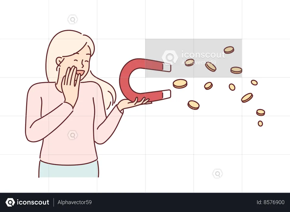 Woman with magnet that attracts money  Illustration