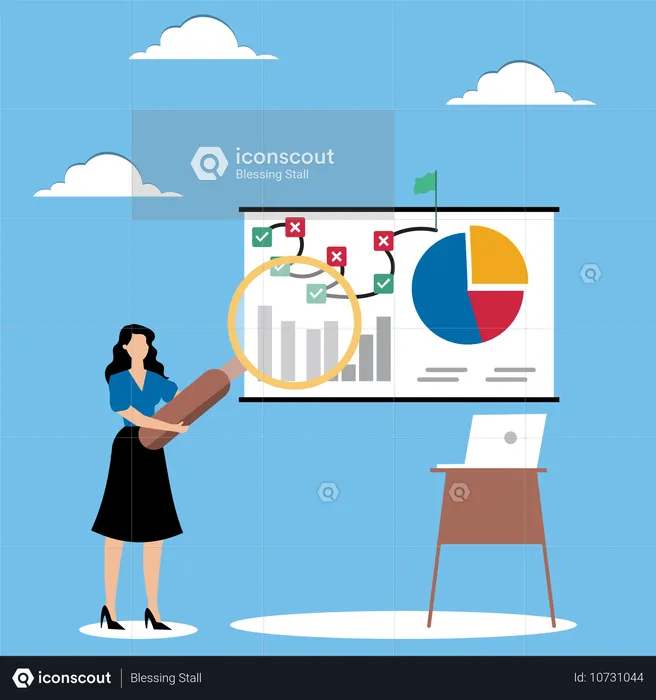 Woman with magnifier near board with workflow  Illustration