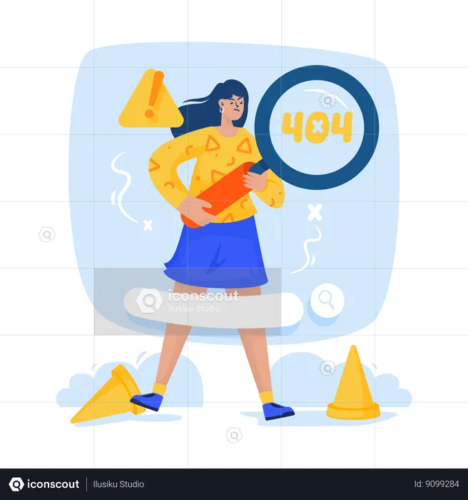 Woman with magnifying glass and an error notification unable to searching on website  Illustration