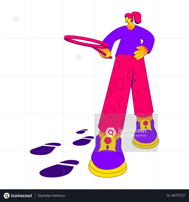 Woman with magnifying glass examines footprints  Illustration