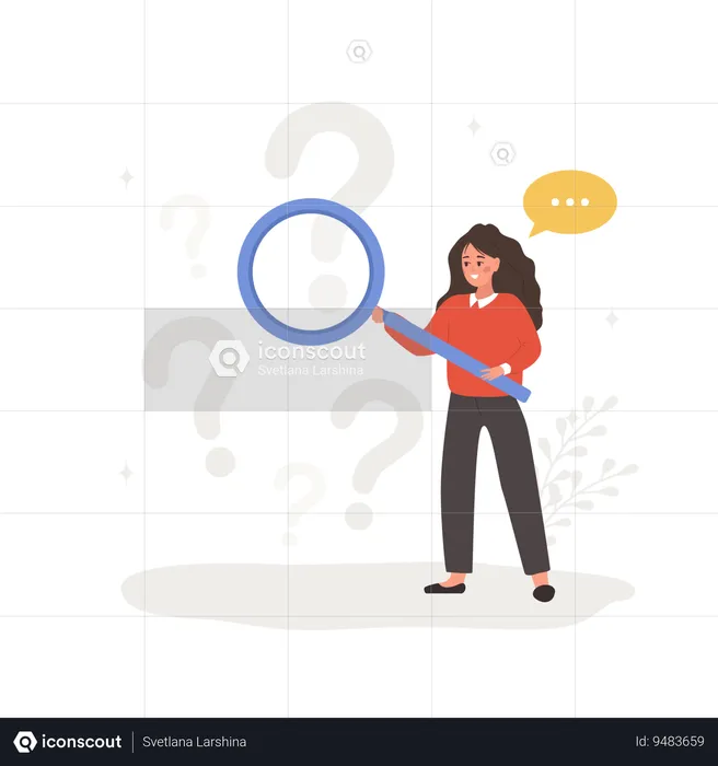 Woman with magnifying glass search for answers  Illustration