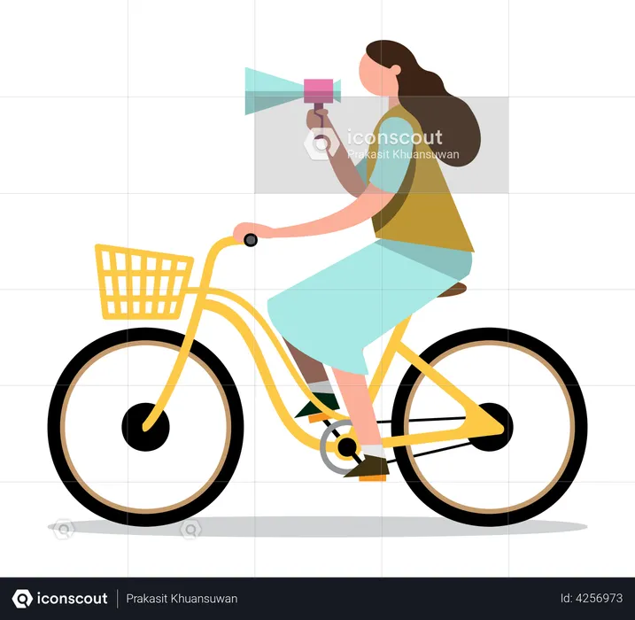 Woman with Megaphone on Bicycle  Illustration