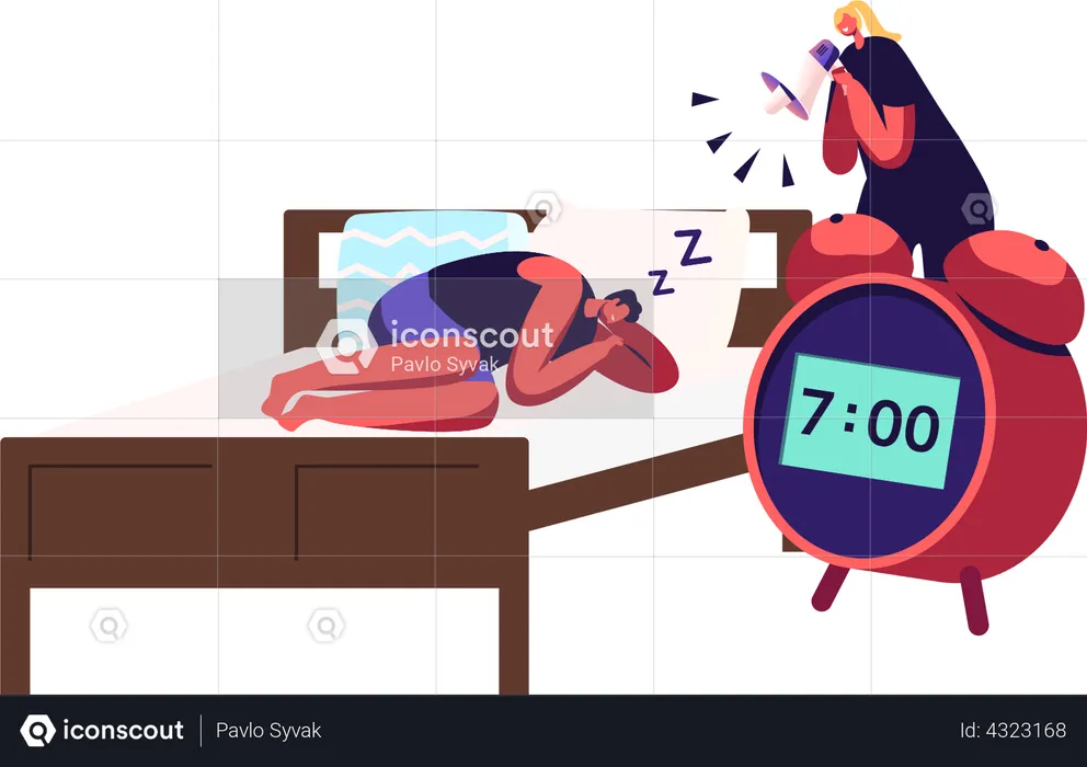 Woman with Megaphone Wake Up Male Sleeping on Bed  Illustration