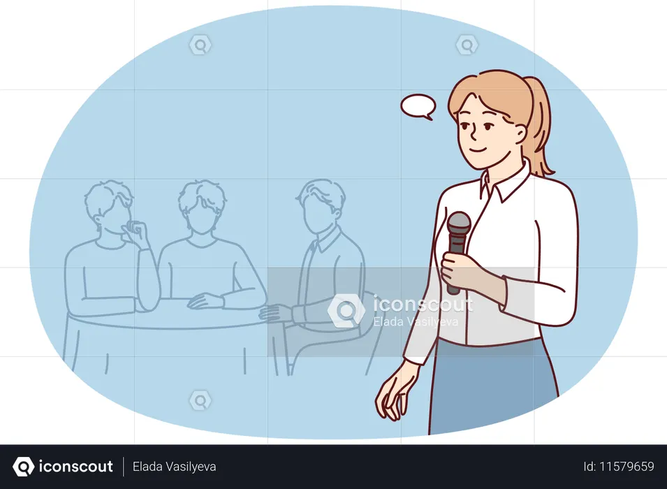 Woman with microphone host on quiz where teams compete by answering questions  Illustration