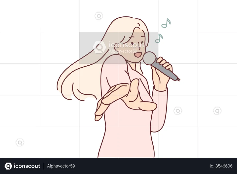 Woman with microphone sings in karaoke enjoying cool music party and stretching hands to screen  Illustration