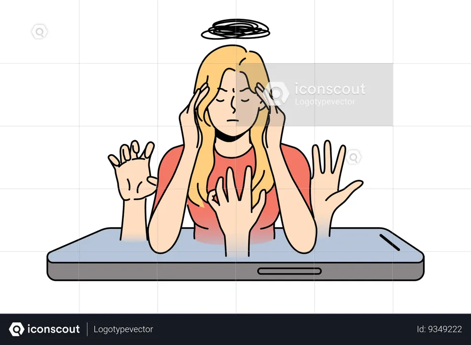 Woman with migraine on mobile phone screen due to fatigue from constant messages from colleagues  Illustration