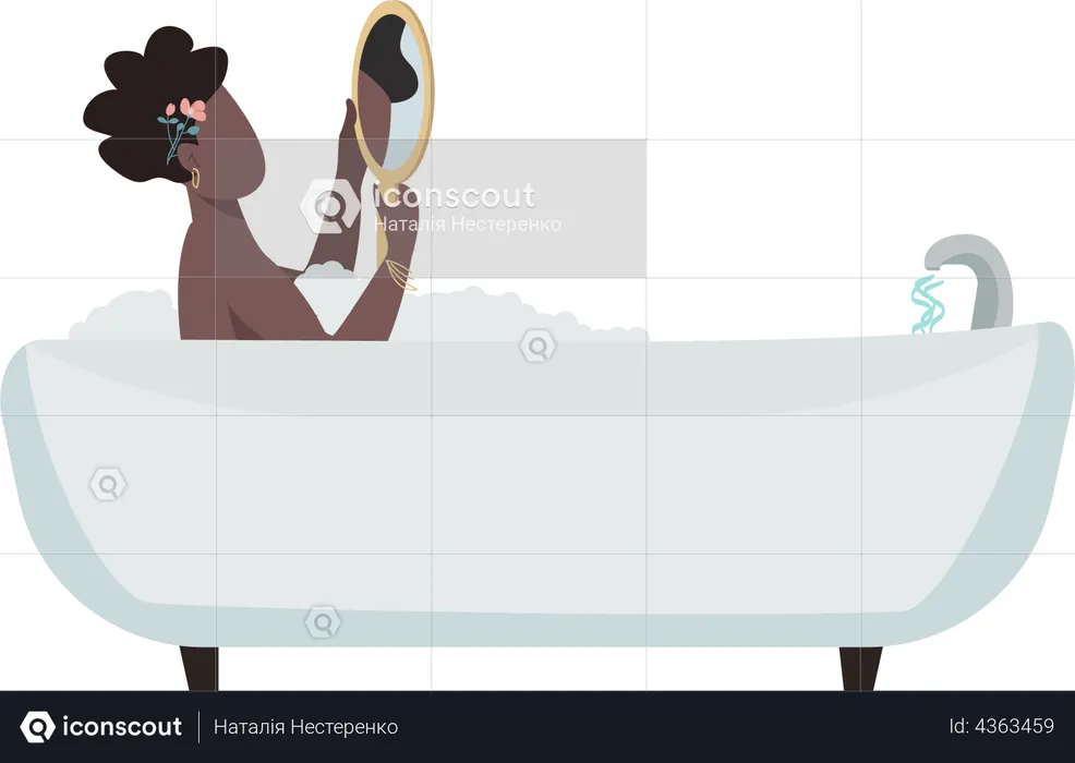 Woman with mirror relaxing in bathtub  Illustration