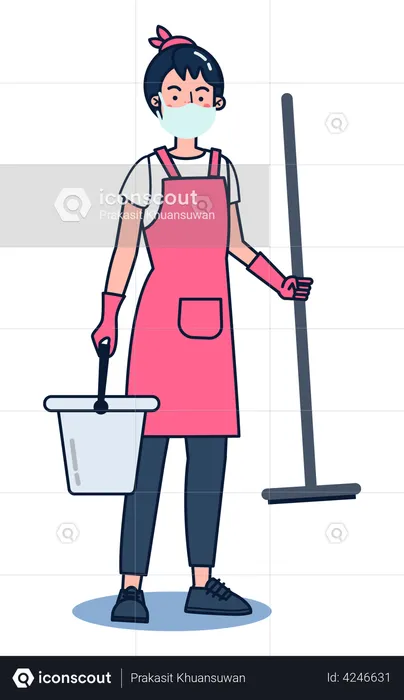 Woman with mop and water bucket  Illustration