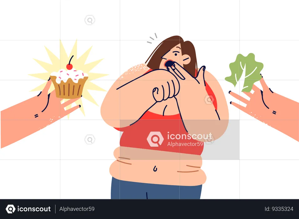 Woman with obesity experiences shock choosing between healthy and unhealthy food  Illustration