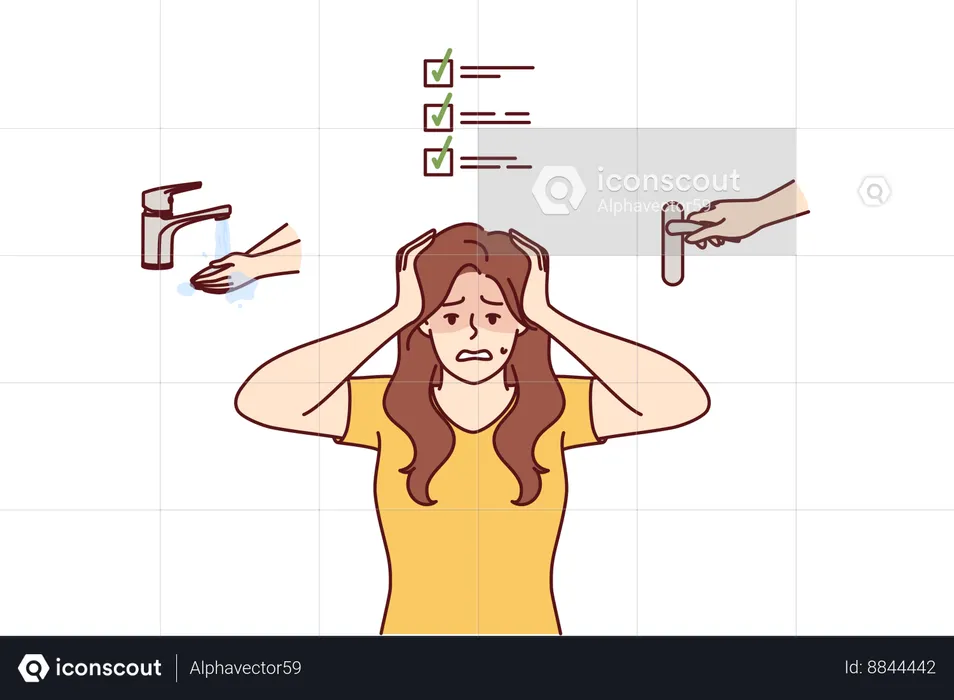 Woman with OCD syndrome clutches head with fear of contracting infection due to hygiene problems  Illustration