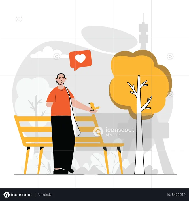 Woman with one hand feeding birds  Illustration
