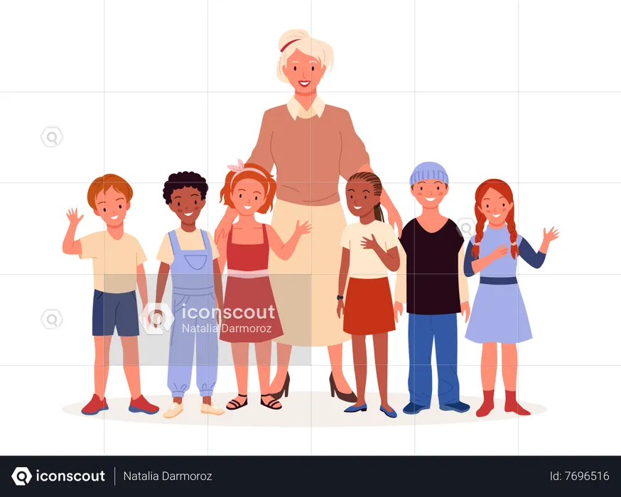 Woman with orphan kids  Illustration