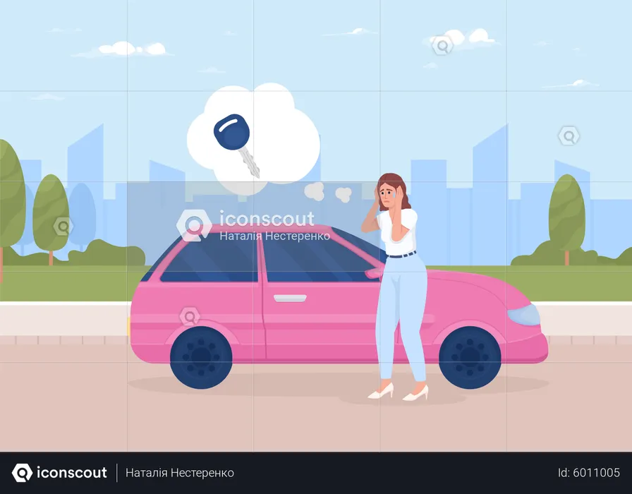 Woman with panic attack near car  Illustration