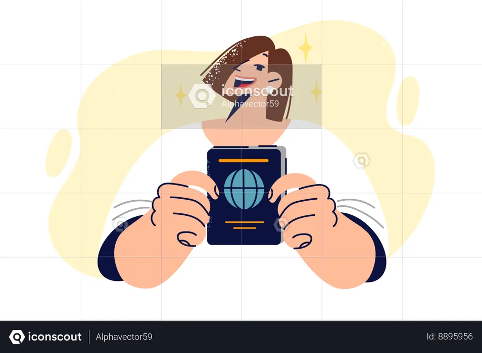 Woman with passport in hands allowing to travel around world  Illustration