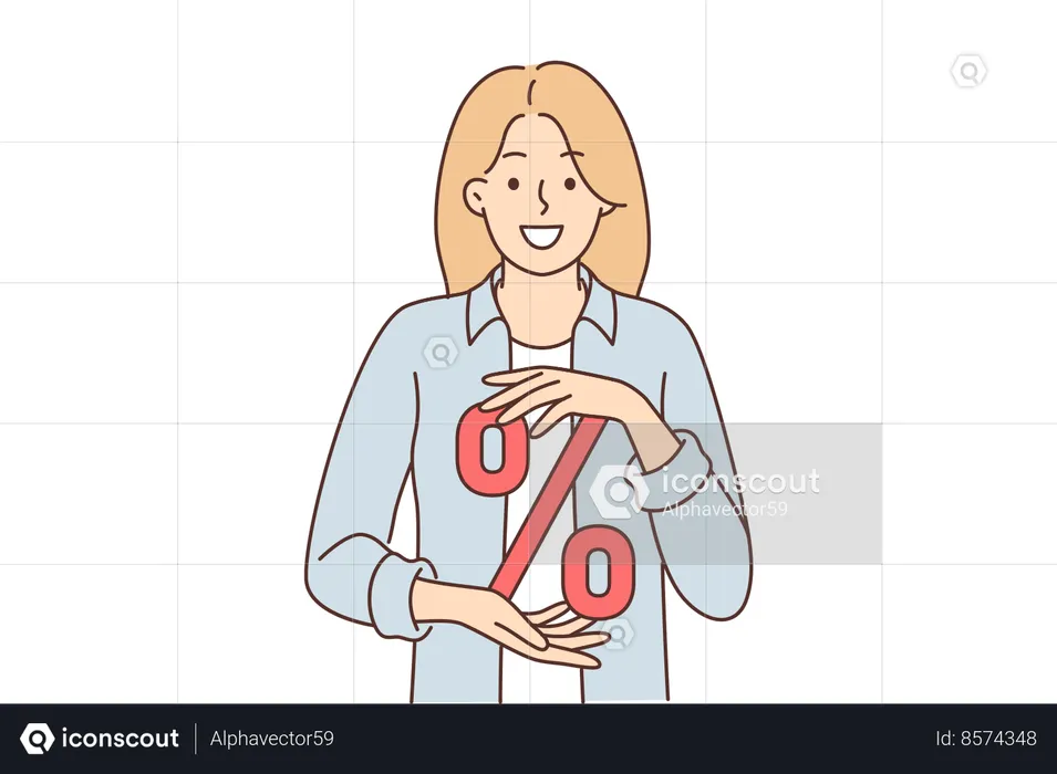Woman with percent sign symbolizing discounts for shopping or big cashback after purchase  Illustration