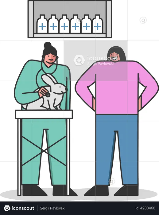 Woman with pet rabbit at VET clinic  Illustration