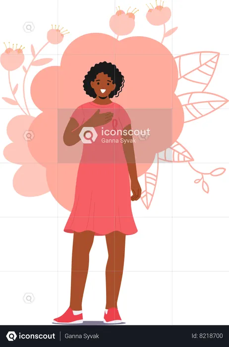 Woman with Pink Ribbon and Hand on her Breast Passionately Promotes Breast Cancer Awareness  Illustration