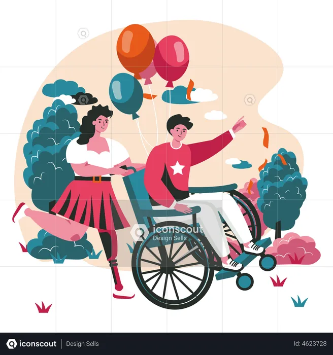 Woman with prosthetic leg carries man in wheelchair to celebrate  Illustration