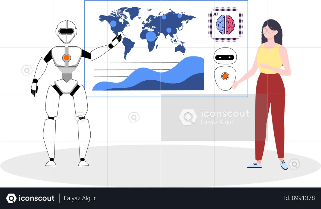 Woman With Robot Assistant  Illustration