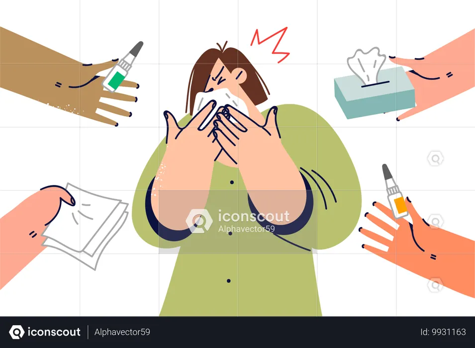 Woman with runny nose uses handkerchief while standing near hands offering medicine  Illustration