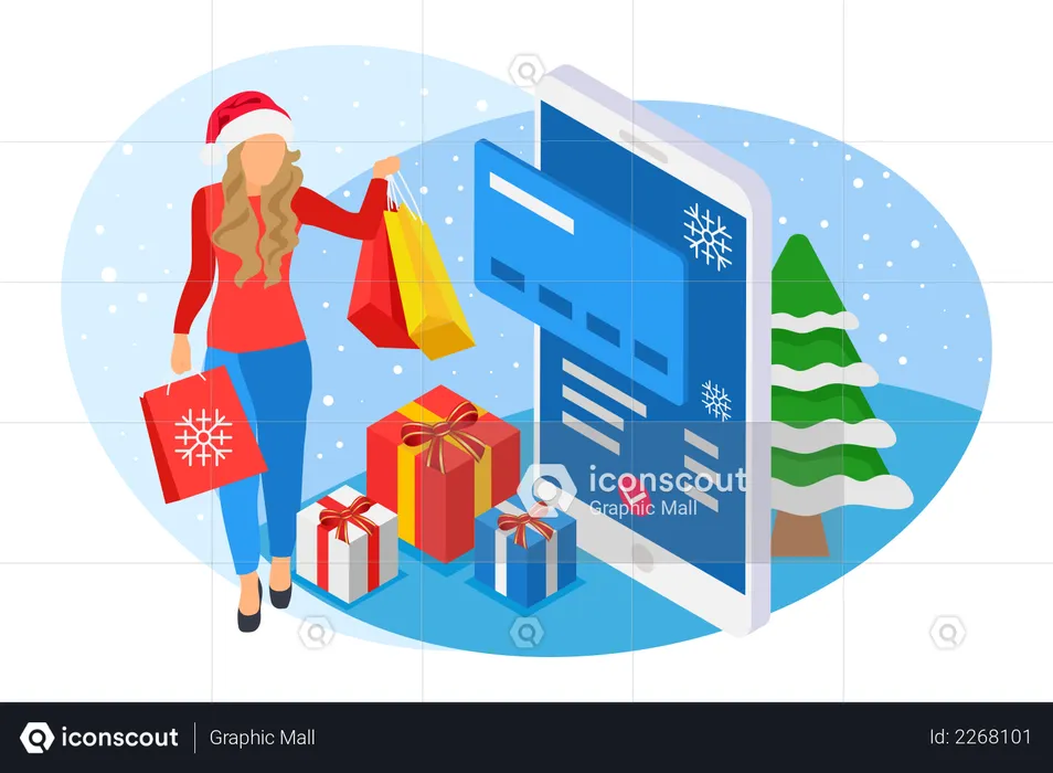 Woman with Santa hat holding shopping bags in her hand as Christmas shopping sale  Illustration