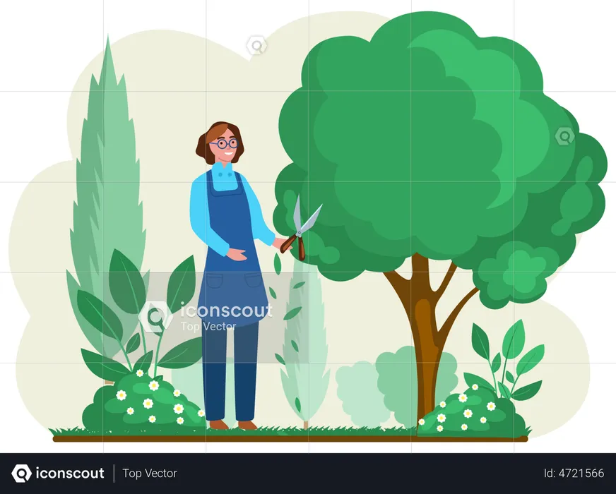 Woman with scissors cuts big green tree and shrub  Illustration