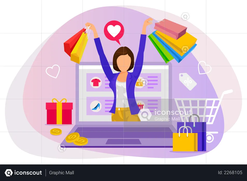 Woman with shopping bags in her hand doing online shopping  Illustration