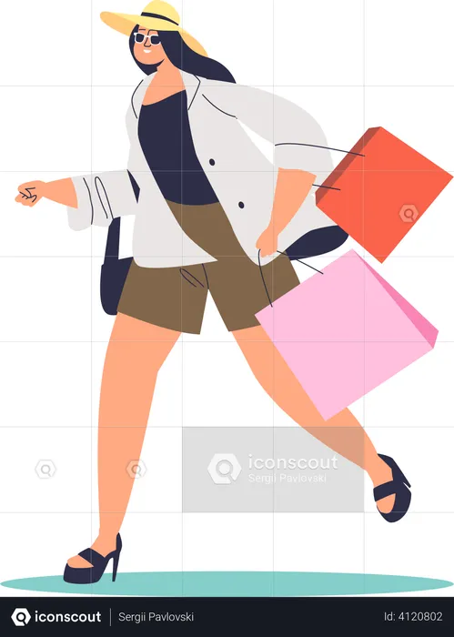 Woman with shopping bags running  Illustration