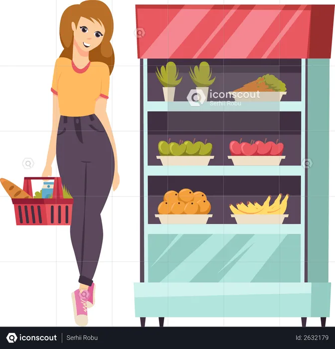 Woman with Shopping Basket  Illustration