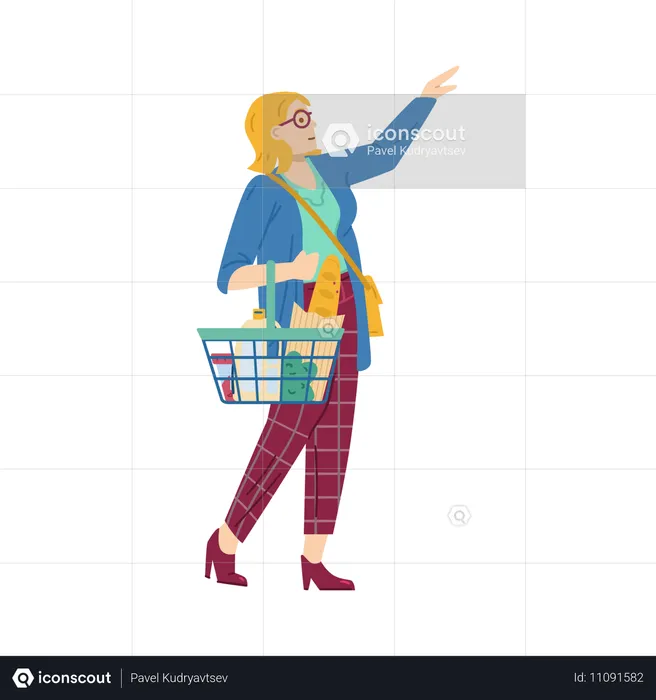 Woman with shopping basket in supermarket  Illustration