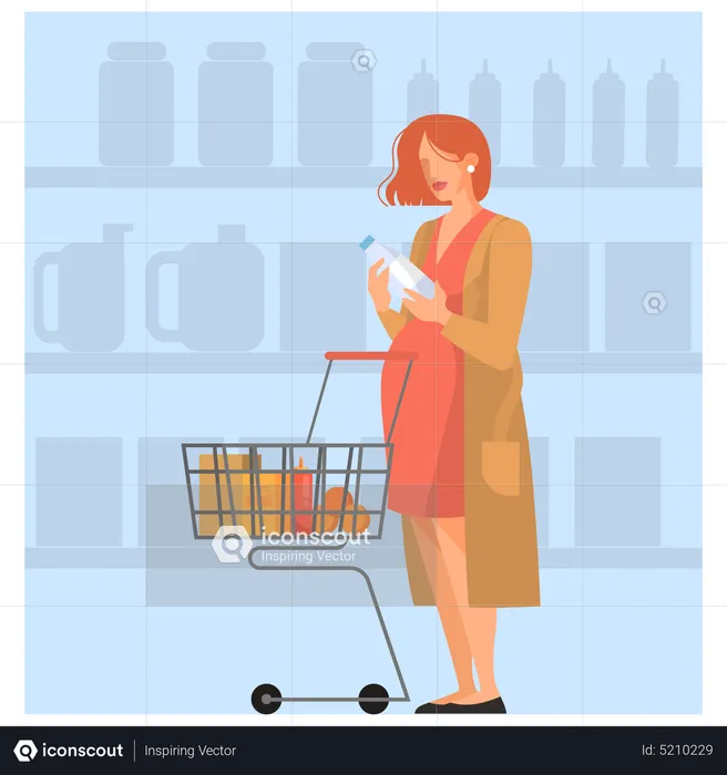 Woman with shopping cart choosing groceries in supermarket  Illustration