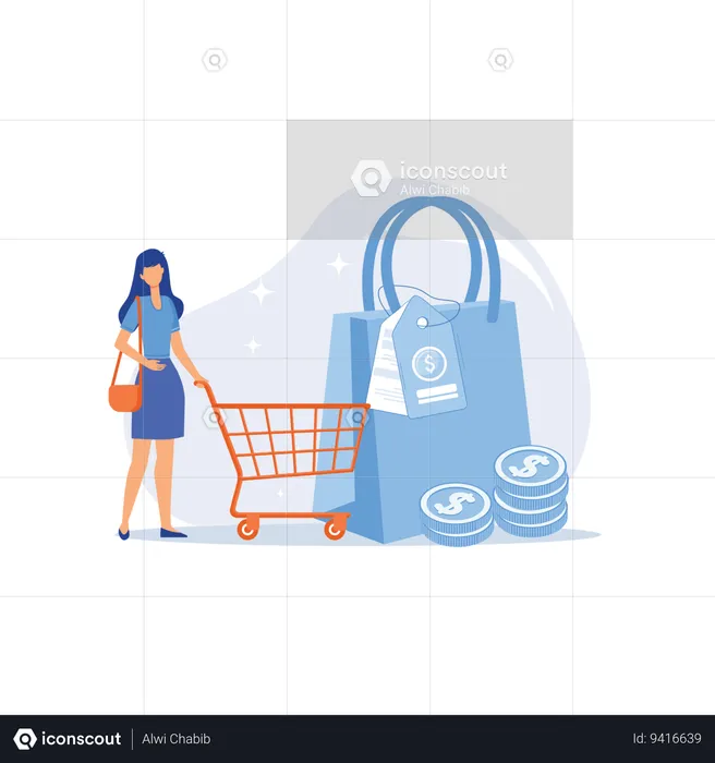 Woman with shopping trolley  Illustration