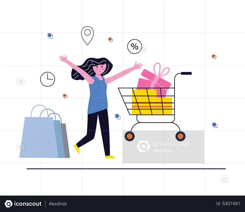 Woman with shopping trolley and bag  Illustration