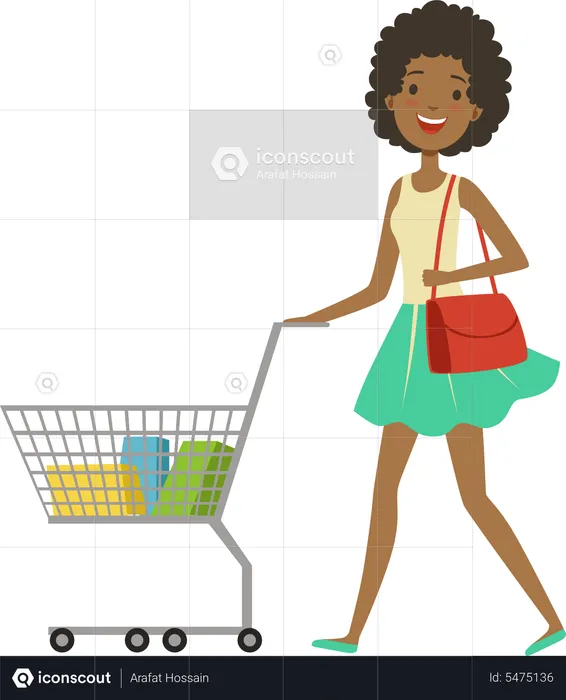 Woman with shopping trolley in market  Illustration