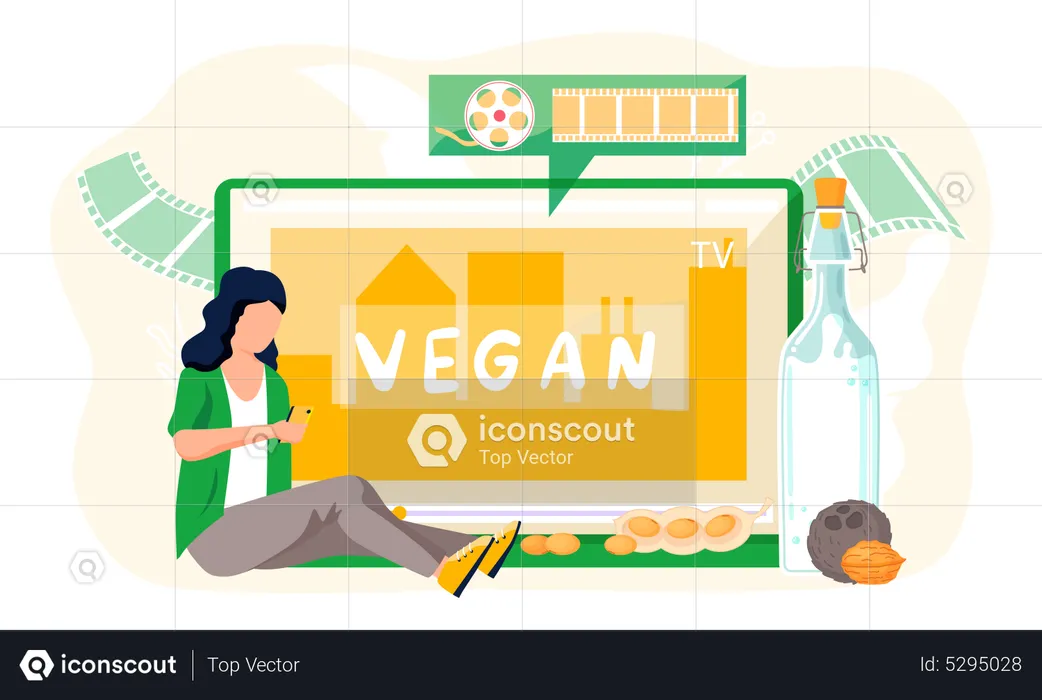 Woman with smartphone about Vegan milk  Illustration