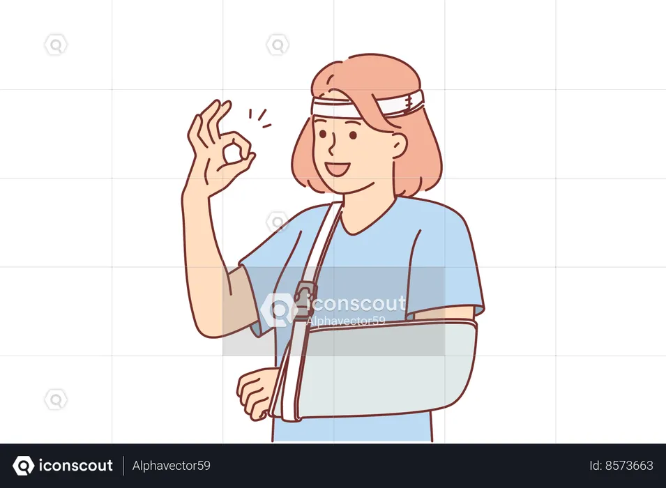 Woman with soft splint on injured arm shows OK gesture  Illustration