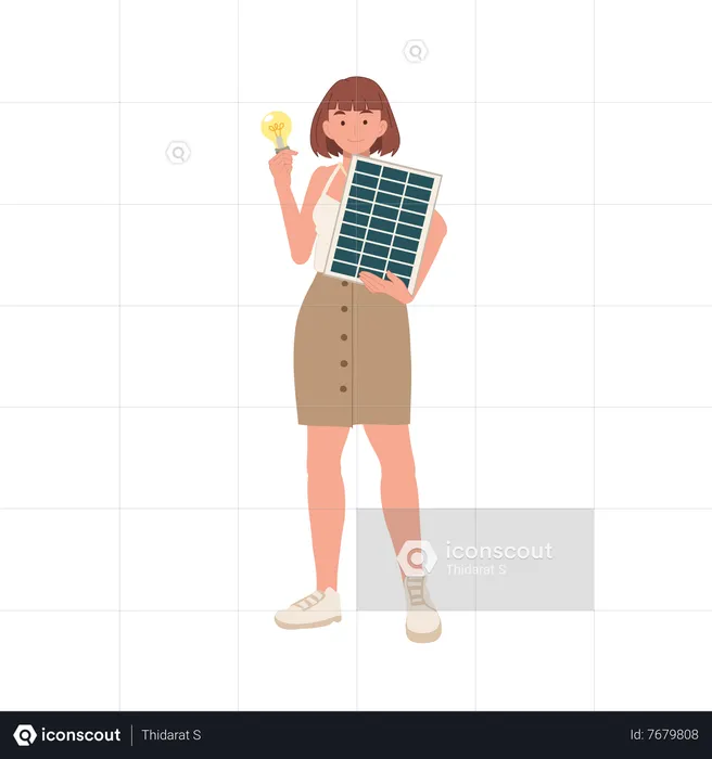 Woman with solar cell panel and light bulb to show clean energy  Illustration